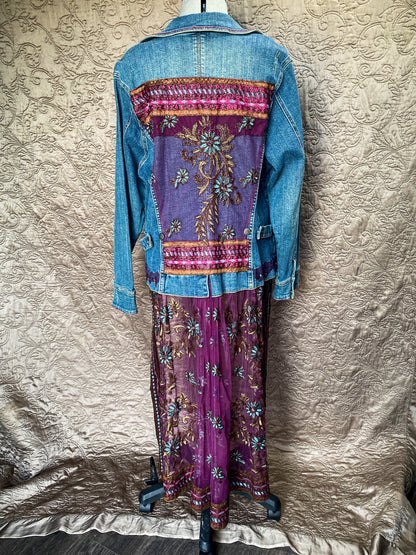 Blue + Purple Upcycled Denim Jacket with Sheer Embroidered Skirt - Boho Chic Artisan Wear - Plus Size 18/20 - Embellished - One-of-a-Kind - Floral Embroidery + Lace Trim