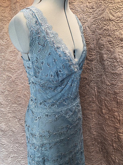 Light Blue Lace Sequin Sheath Mini Dress - V-Neck, Adjustable Straps, Stretchy - Y2K, Vintage Arden B - Size 12