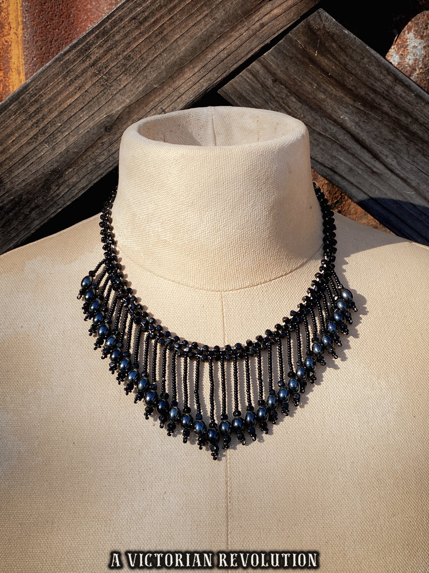 Black Bead Fringe Necklace - Jet Black - Vintage 1980s Style - Retro Goth Statement Necklace