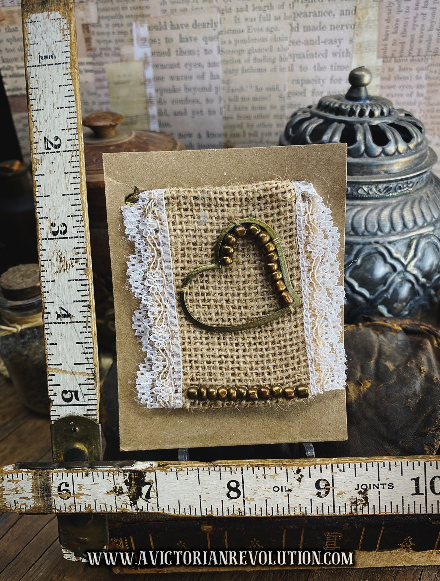 Handmade Kilt Pin - Heart and Bead Detail - Burlap and Lace - Mixed Metals - Vintage Inspired