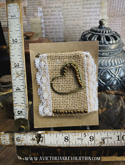 Handmade Kilt Pin - Heart and Bead Detail - Burlap and Lace - Mixed Metals - Vintage Inspired