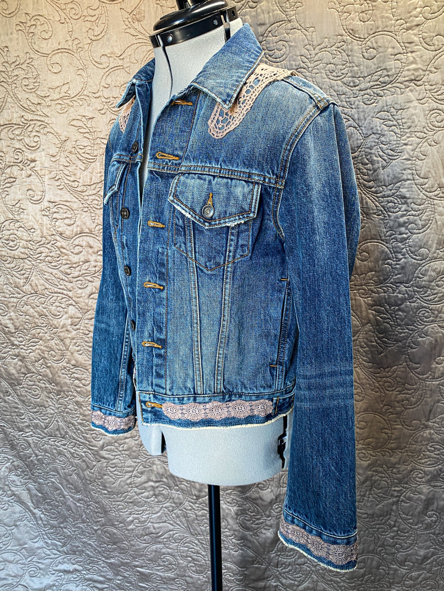 Upcycled Denim Jacket, Shabby Victorian Boho, Small, Crochet Lace Applique, Distressed Jean Jacket