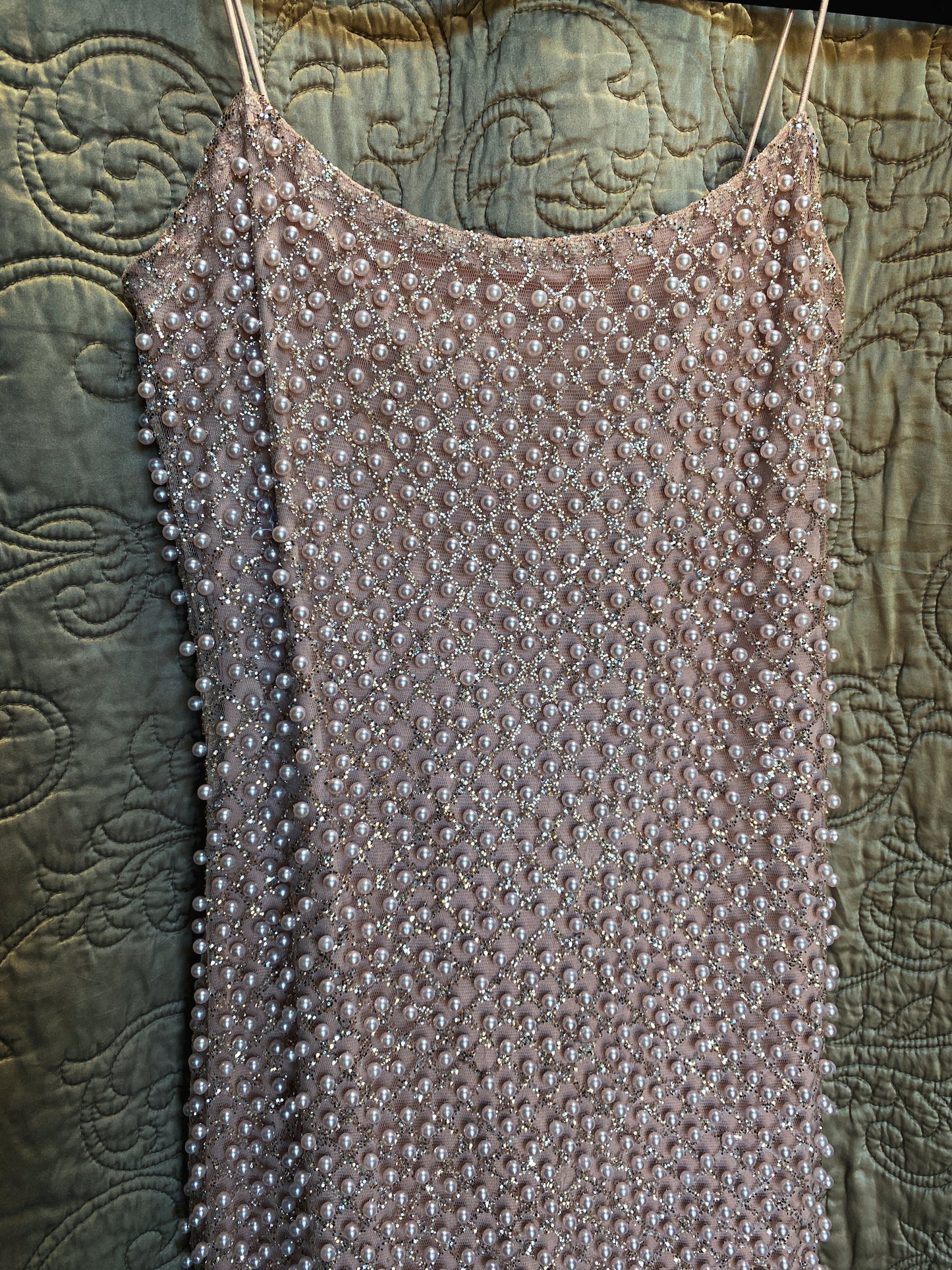 Pink/Mauve Pearl Embellished Mini Dress - Spaghetti Straps, Faux Pearl Lattice - Glam Cocktail Party - XS