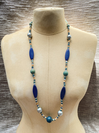 Cobalt Blue And Teal Painted Wood Chunky Bead Necklace - Long Strand Vintage Boho Jewelry