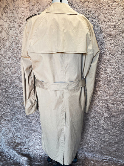 Vintage Tan London Fog Double Breasted Trench Maincoat - Belted Waist, Zip-out Liner, Classic Style, Retro Raincoat - Size 42 Ex-Long