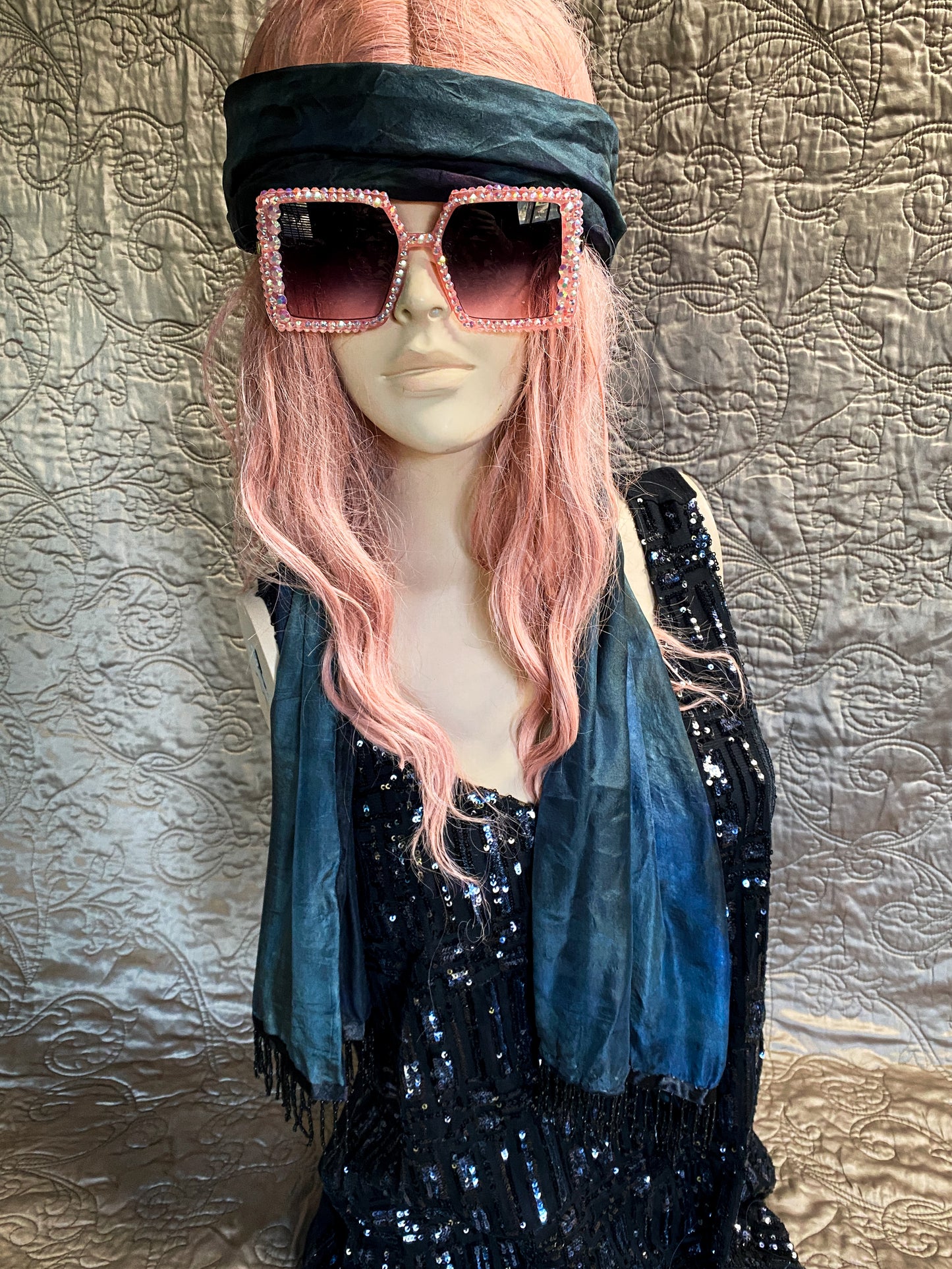 Blue, Purple And Teal Iridescent Dyed Scarf - Black Beaded Fringe - Bohemian Shawl Wrap