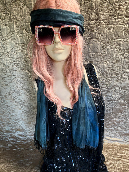 Blue, Purple And Teal Iridescent Dyed Scarf - Black Beaded Fringe - Bohemian Shawl Wrap