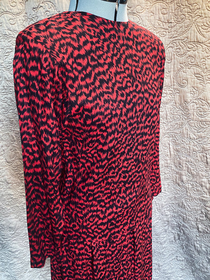 Vintage Red and Black Animal Print Skirt and Top Set - Two-Piece Matching Set - Rafaella Petites - Patterned Midi Skirt + Long Sleeve Shirt