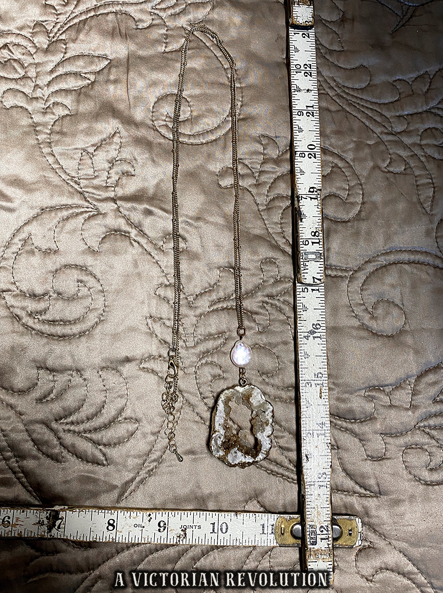 Earthy Raw Geode Druzy Crystal Slice + Baroque Pearl - Long Pendant Necklace Gold Tone - Grunge Fairy