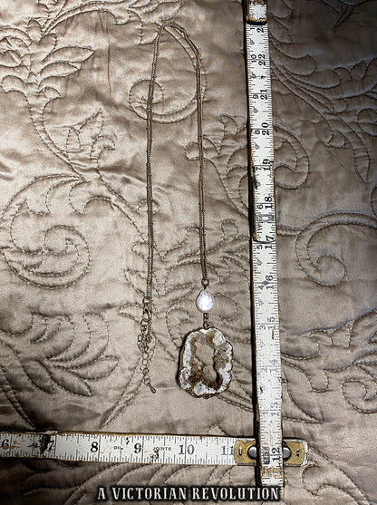 Earthy Raw Geode Druzy Crystal Slice + Baroque Pearl - Long Pendant Necklace Gold Tone - Grunge Fairy