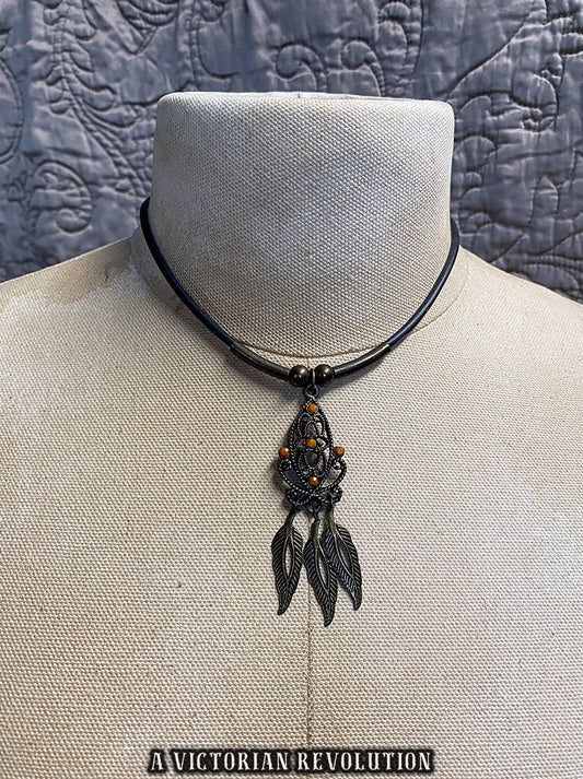 Vintage 90s Style Grunge Y2K Revival Choker with Amber Toned Filigree and Feather Charms