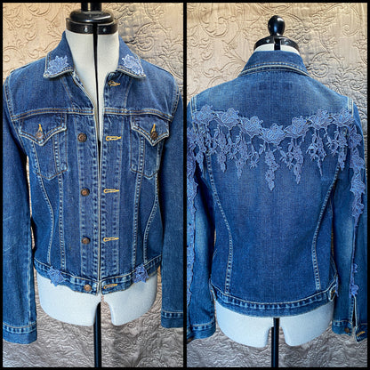 Upcycled Denim Jacket, Boho Style with Lace Appliqué - Floral Lace Embellishments - Sustainable Fashion - One of a Kind Jean Jacket - Size Small