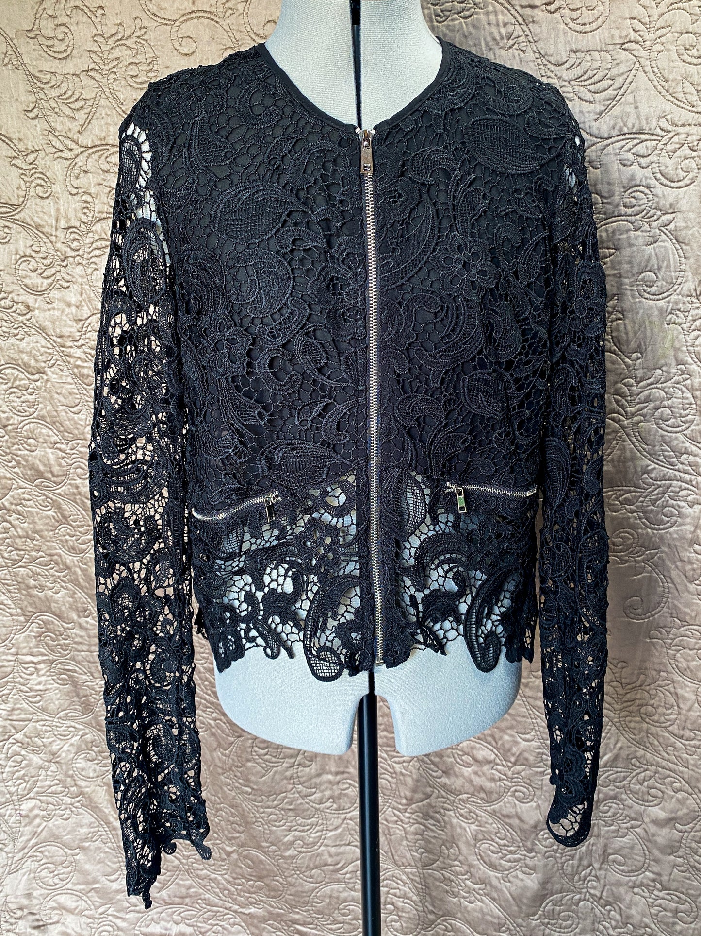 Black Lace Jacket with Silver Zippers - Small