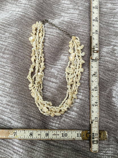 Cream Colored Multi-Strand Shell Chip Necklace, Vintage 90s Seed Bead Statement, Retro - Chunky Layers