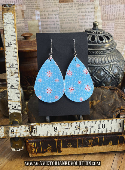 Light Blue - Red Snowflake Print - Faux Leather - Teardrop Dangle Earrings