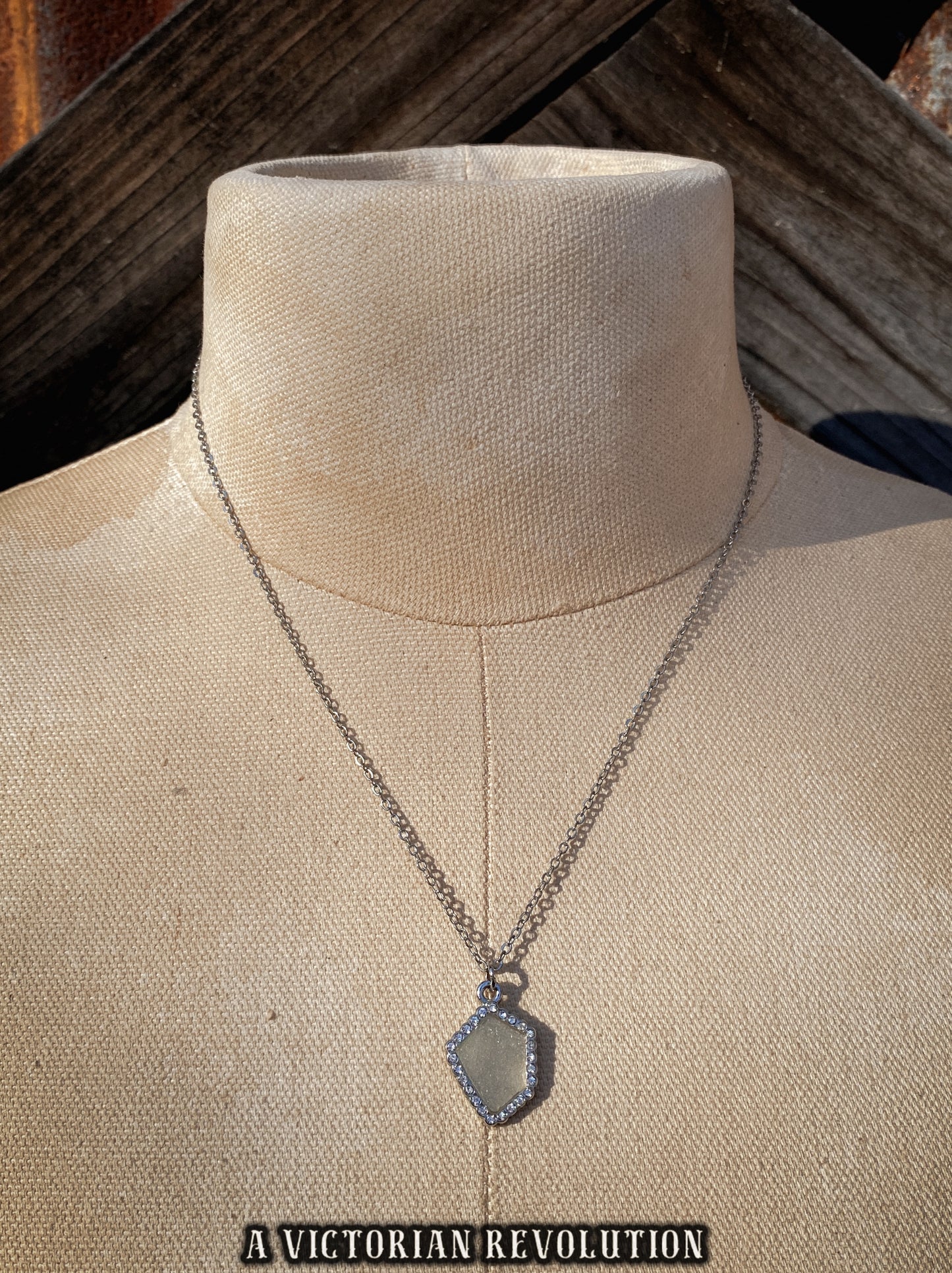 Silver Shield Pendant Necklace - Faux Stone - Rhinestone Border - Geometric Minimalist Style - Silver Tone Chain