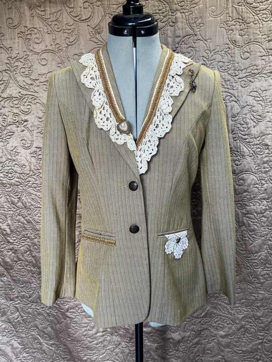 Tan Pinstripe Blazer - Handmade Upcycled Crochet Lace Victorian Steampunk Jacket - Size Small