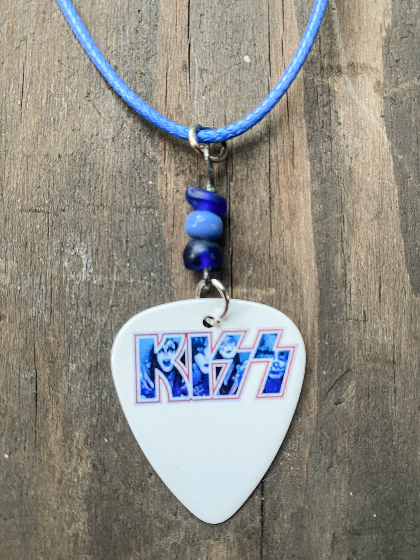 Retro 70s 80s Style Kiss Guitar Pick Necklace - Handmade Rock Band Jewelry - Blue Cord