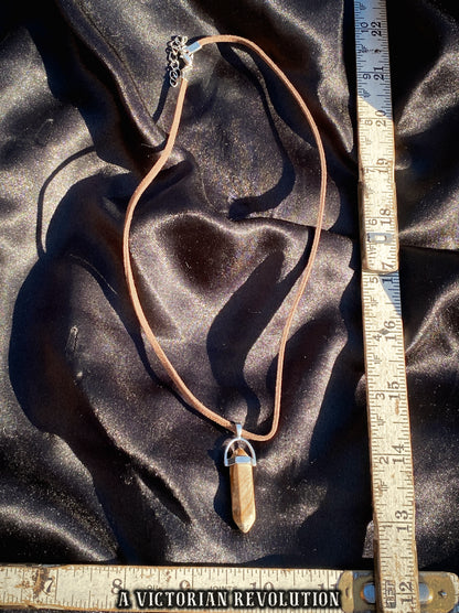 Picture Jasper - Pointed Hexagonal Pendant - Vegan Faux Suede Cord - Earthy Minimalist Style