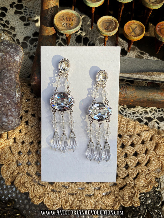 Clear-Faceted-Chandelier-Earrings, Silver-Tone, Oval-Drop, Pierced-Posts