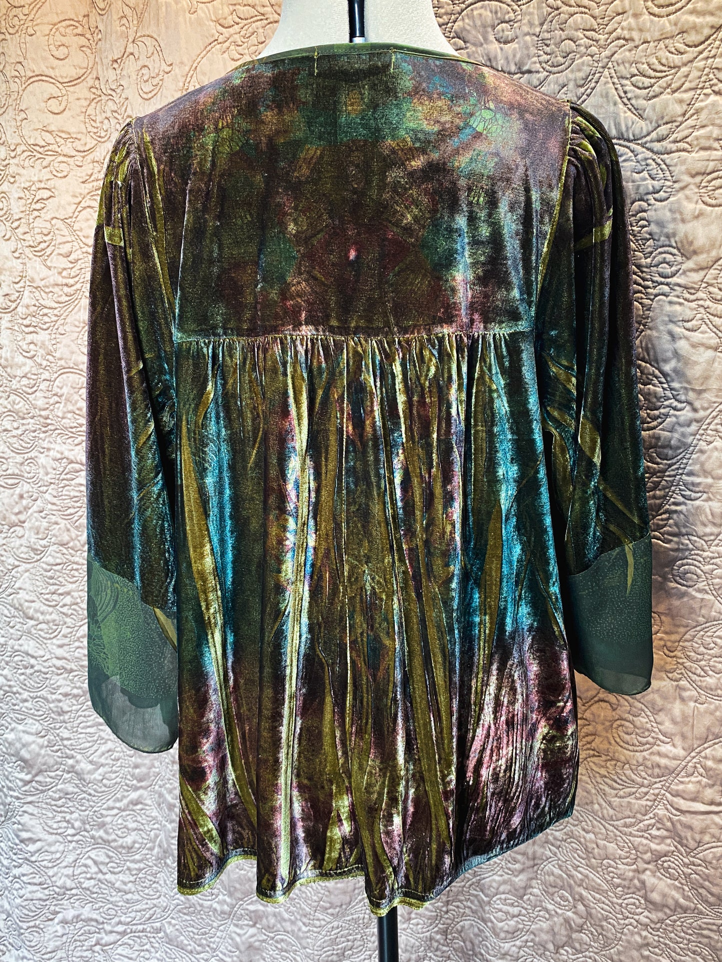 Green Multicolor One World Velvet Tunic - Boho, Hippie, Renaissance Faire, Peasant Shirt -  Size 1X