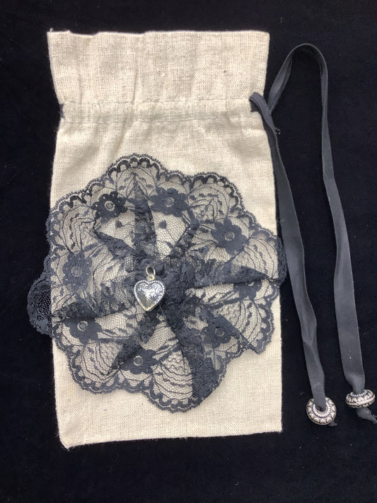 Drawstring Bag with Black Lace