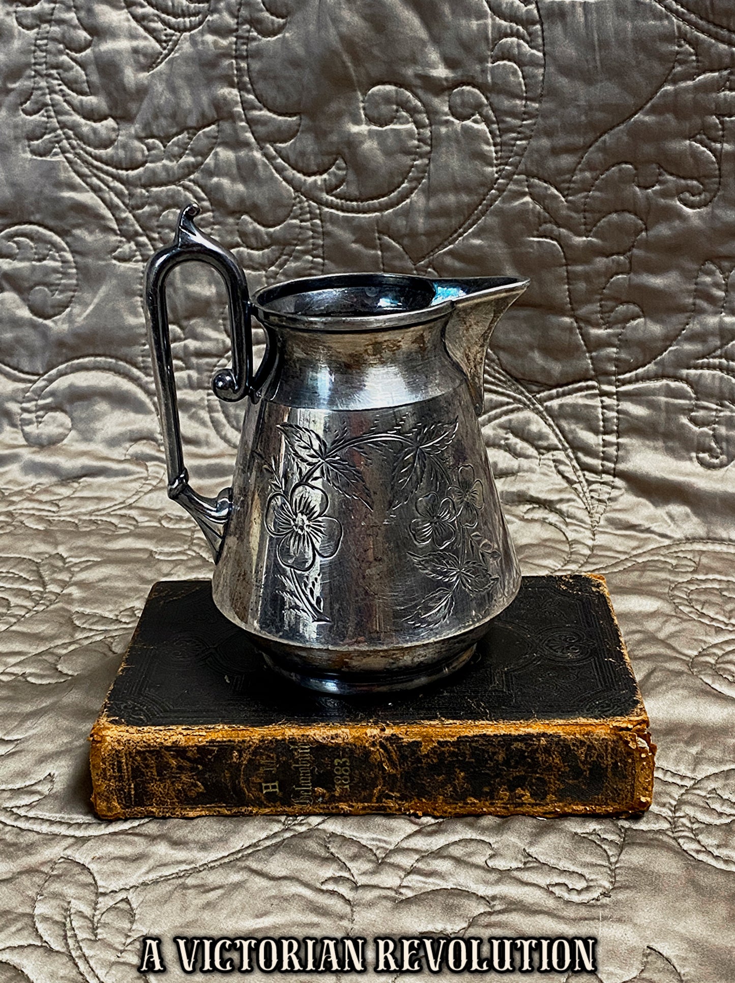 Antique Victorian Silver Plate Creamer with Floral Etching and Engraving - 1880’s Aesthetic Movement Farmhouse Decor