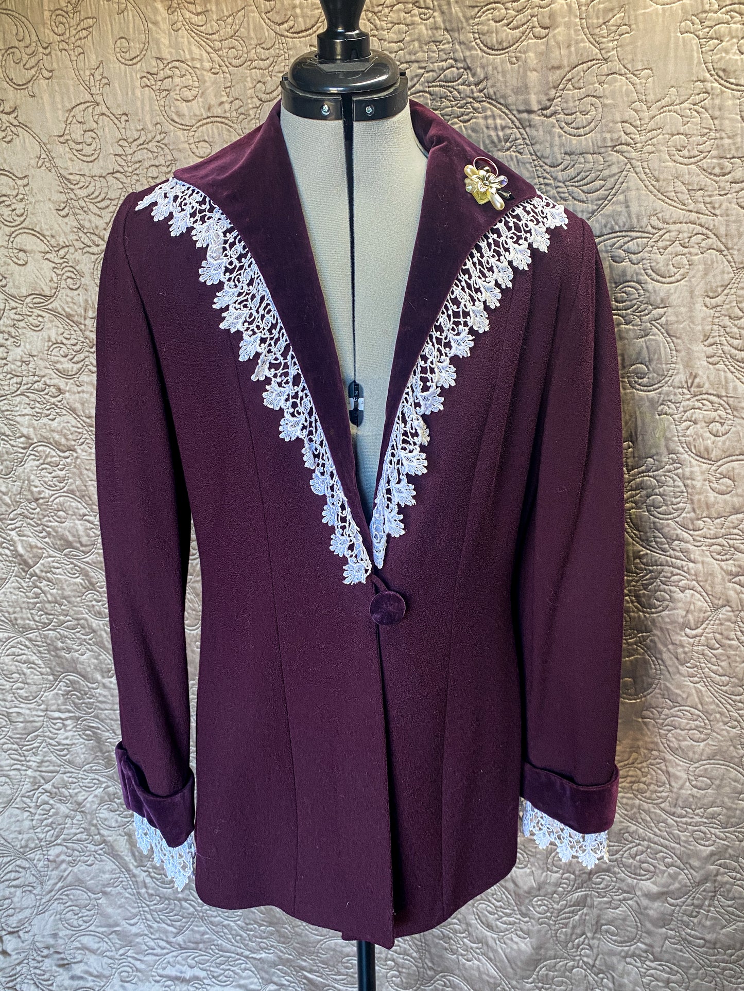 Eggplant Purple - Wool Blazer - Upcycled Victorian Style - Large - Vintage Lace + Velvet Trim - Romantic Academia Style