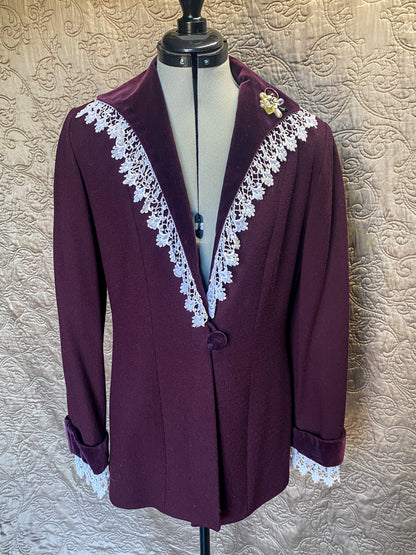 Eggplant Purple - Wool Blazer - Upcycled Victorian Style - Large - Vintage Lace + Velvet Trim - Romantic Academia Style