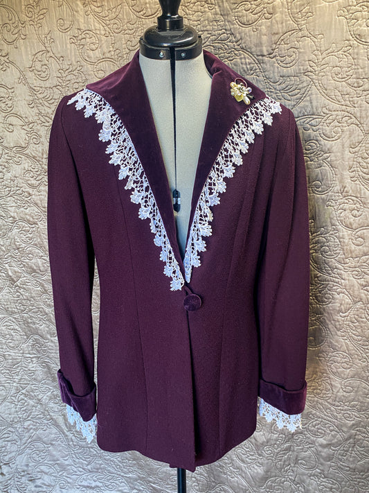Eggplant Purple - Wool Blazer - Upcycled Victorian Style - Large - Vintage Lace + Velvet Trim - Romantic Academia Style