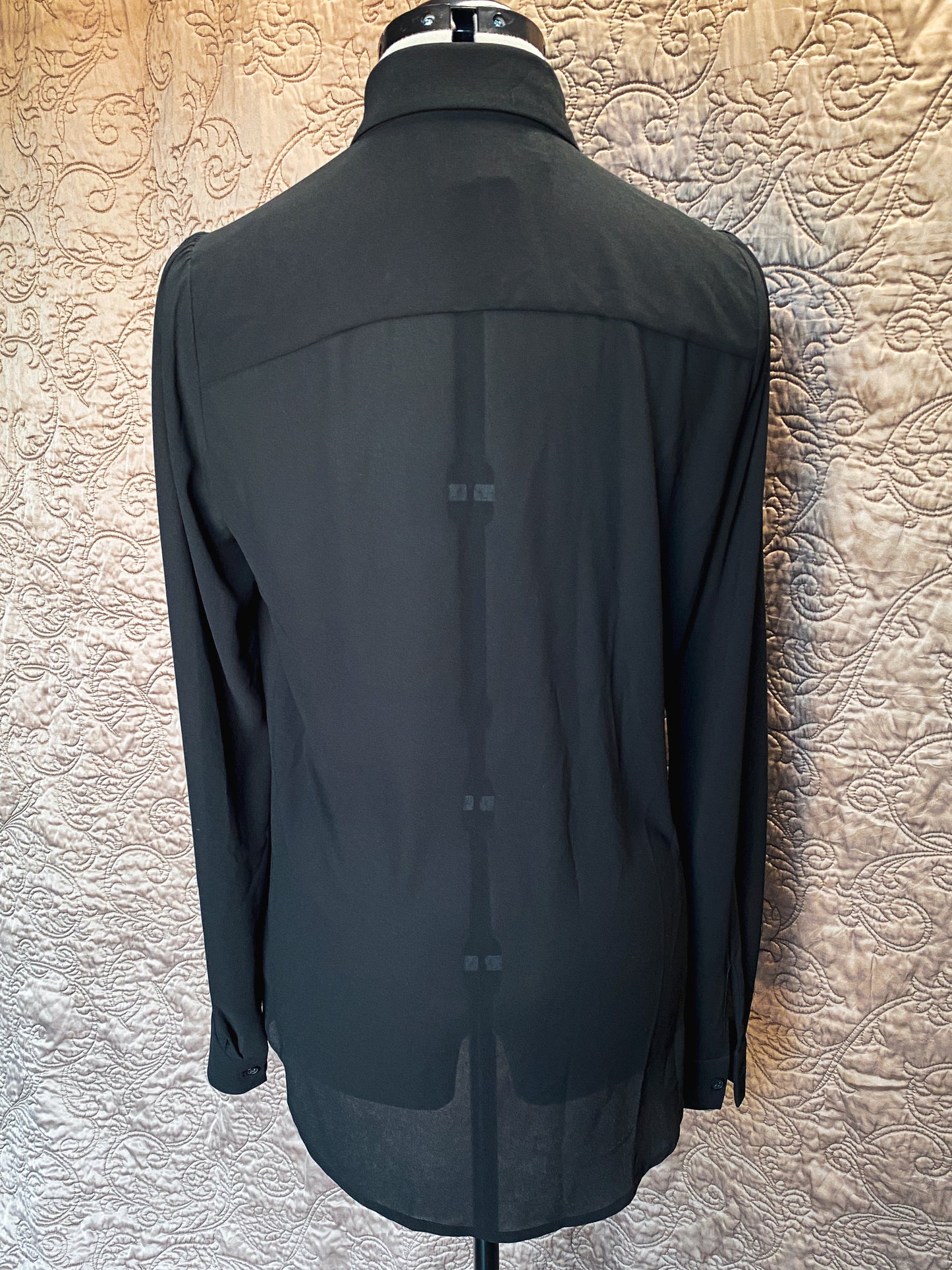 Michael Kors Black Sheer Blouse - Rhinestone Embellished Long Sleeve Button Down Shirt - Elegant, Modern - Small