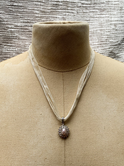 Retro Style Rhinestone + Faux Pearl Petal Cluster Pendant - Ribbon Necklace - Costume Jewelry
