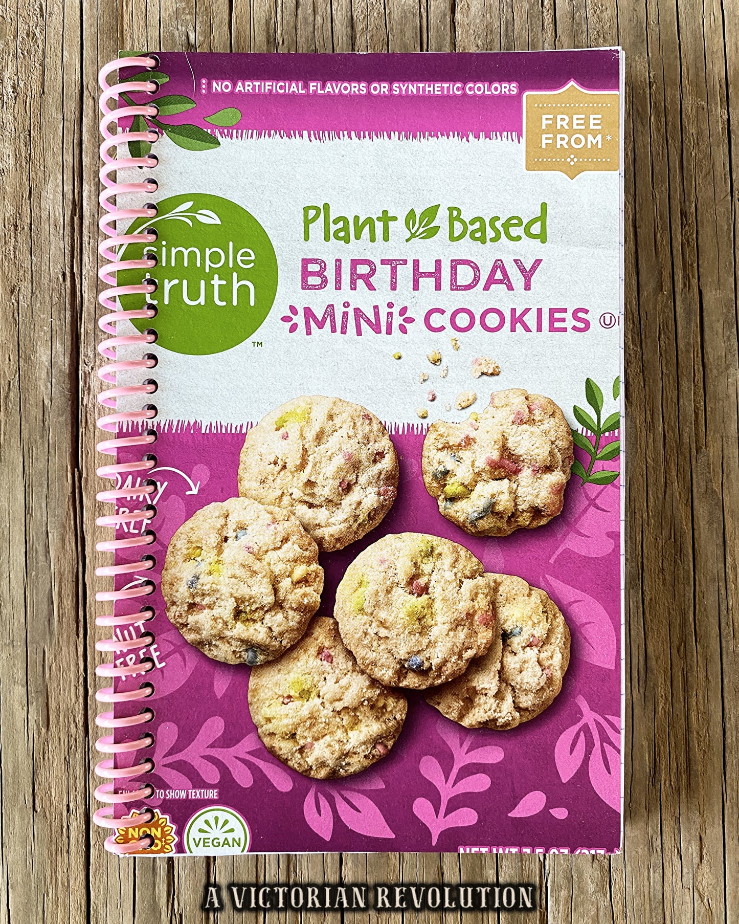 Upcycled Simple Truth Plant-Based Birthday Mini Cookies Spiral Notebook, Handmade Vegan + Vegetarian Eco-Friendly Gift, Recycled Snack Food Packaging Stationery