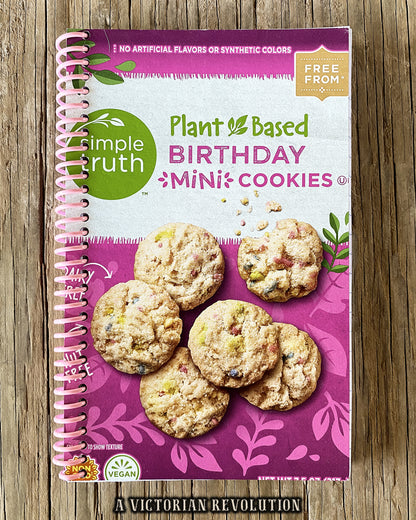 Upcycled Simple Truth Plant-Based Birthday Mini Cookies Spiral Notebook, Handmade Vegan + Vegetarian Eco-Friendly Gift, Recycled Snack Food Packaging Stationery