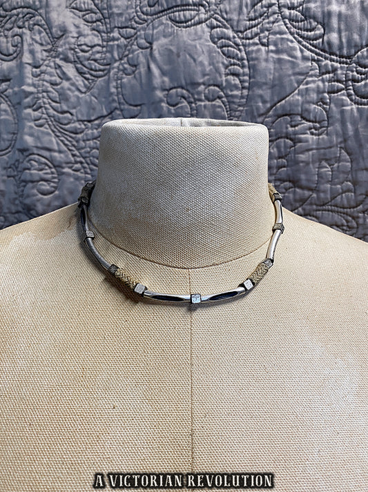 Vintage 90s Industrial Grunge Wasteland Choker - Silver Tone Hardware, Tube + Cord Necklace