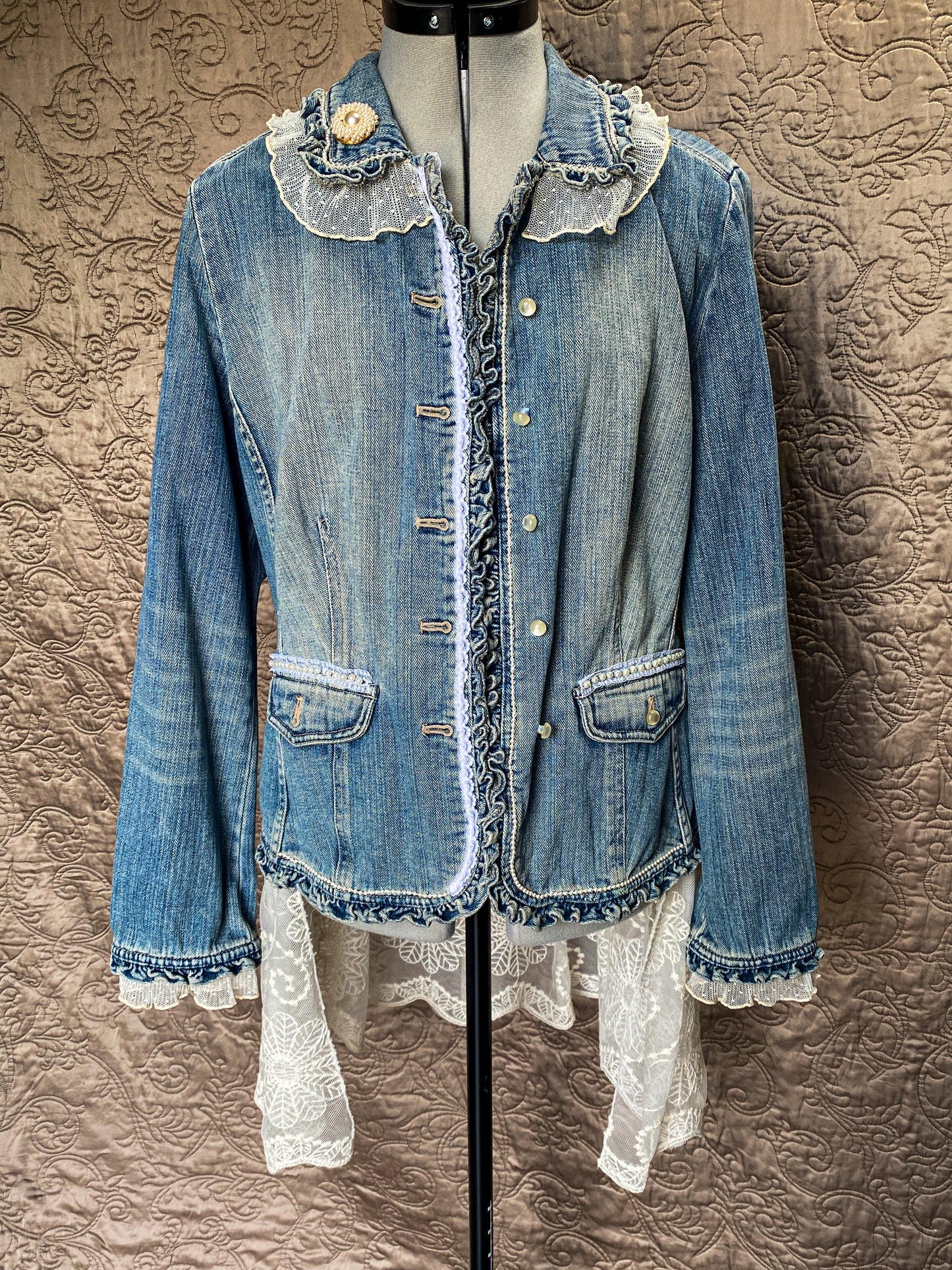 Denim and Lace Upcycled Victorian Jacket -MEDIUM
