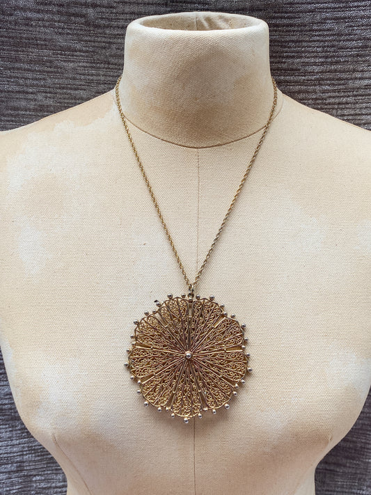 Vintage Gold-Tone Oversized Filigree Sunburst Pendant Necklace, 1970s Style Retro Boho Mandala Statement Piece, Long Rope Chain
