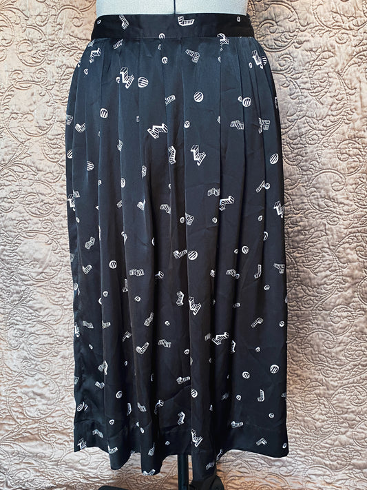 Black Chaus Geometric Novelty Print Midi Skirt - High Waisted 80s Style - Retro Vintage - Size Small