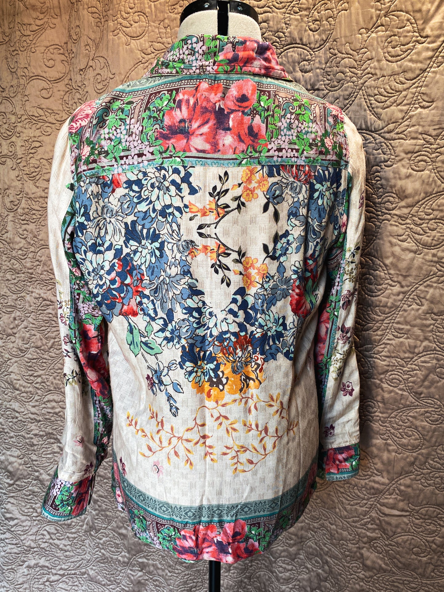 Green and Brown Reversible Zip-Up Johnny Was Jacket - Camo + Floral Embroidered Sleeve Shirt - Size Medium