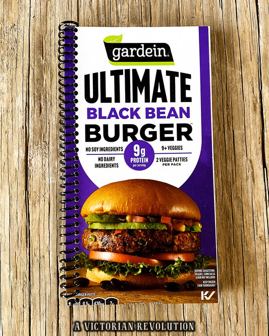 Handmade Upcycled Gardein Ultimate Black Bean Burger Spiral Notebook - Recycled Vegan + Vegetarian Eco-Friendly Gift for Foodies