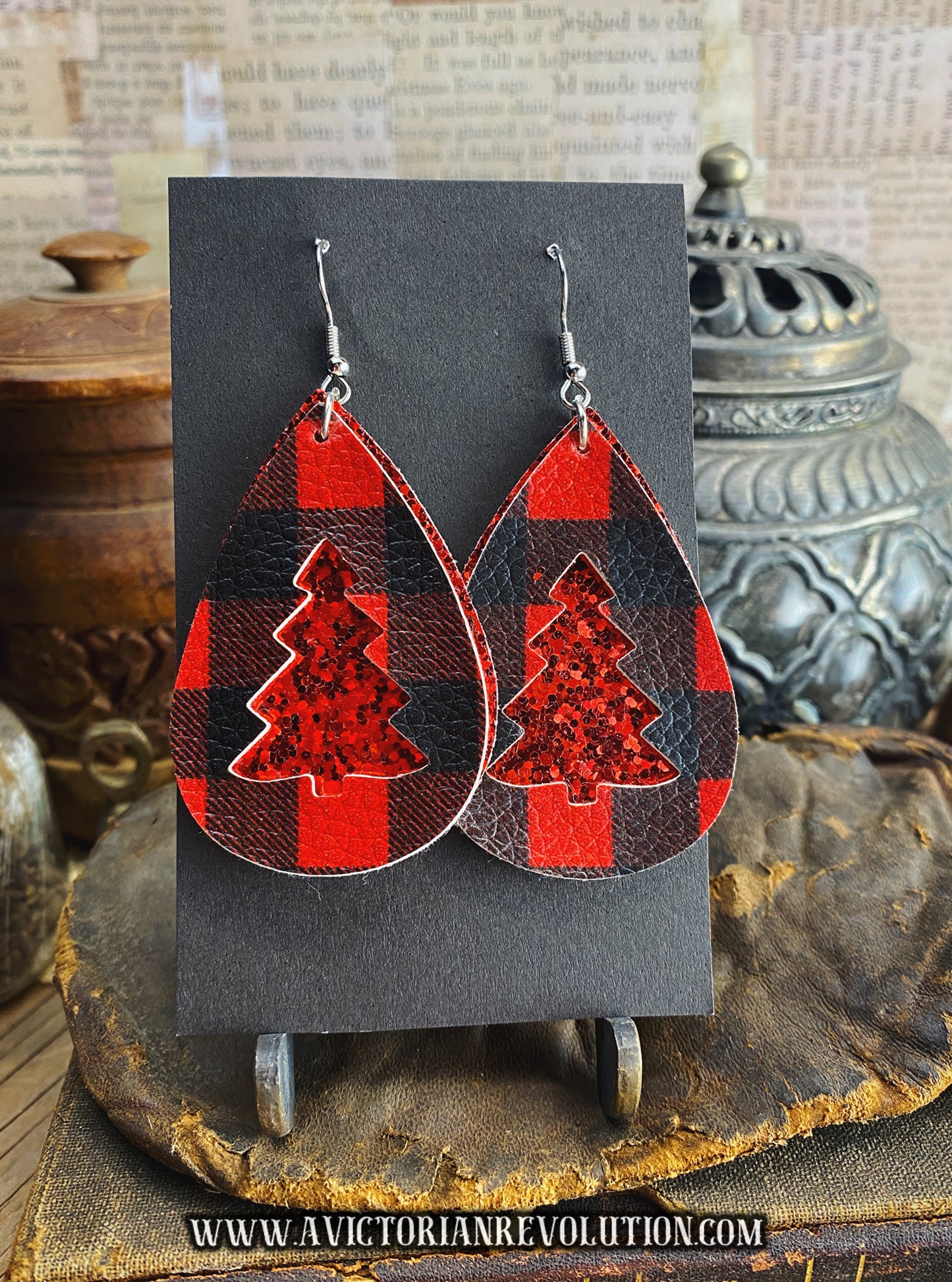 Red Black Punk Plaid Christmas Tree Teardrop Earrings - Faux Leather - Festive Holiday Dangle - Red Glitter