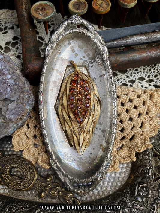 Vintage Amber Rhinestone Wheat Sheaf Brooch - Gold Tone - Fall Floral - 1960s