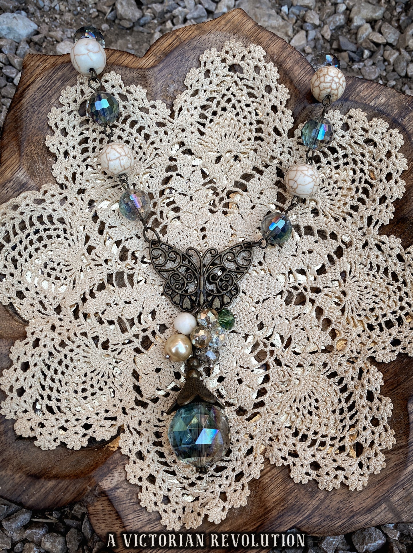 Enchanted Faery Style Bronze Butterfly Necklace, Iridescent Beads