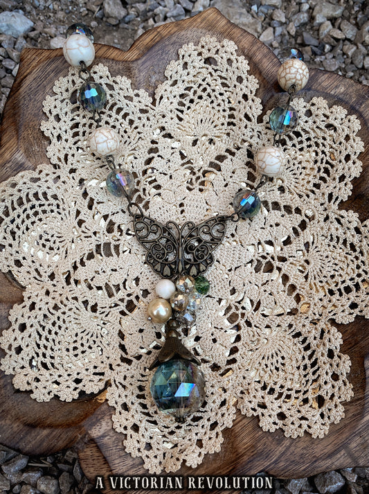 Enchanted Faery Style Bronze Butterfly Necklace, Iridescent Beads