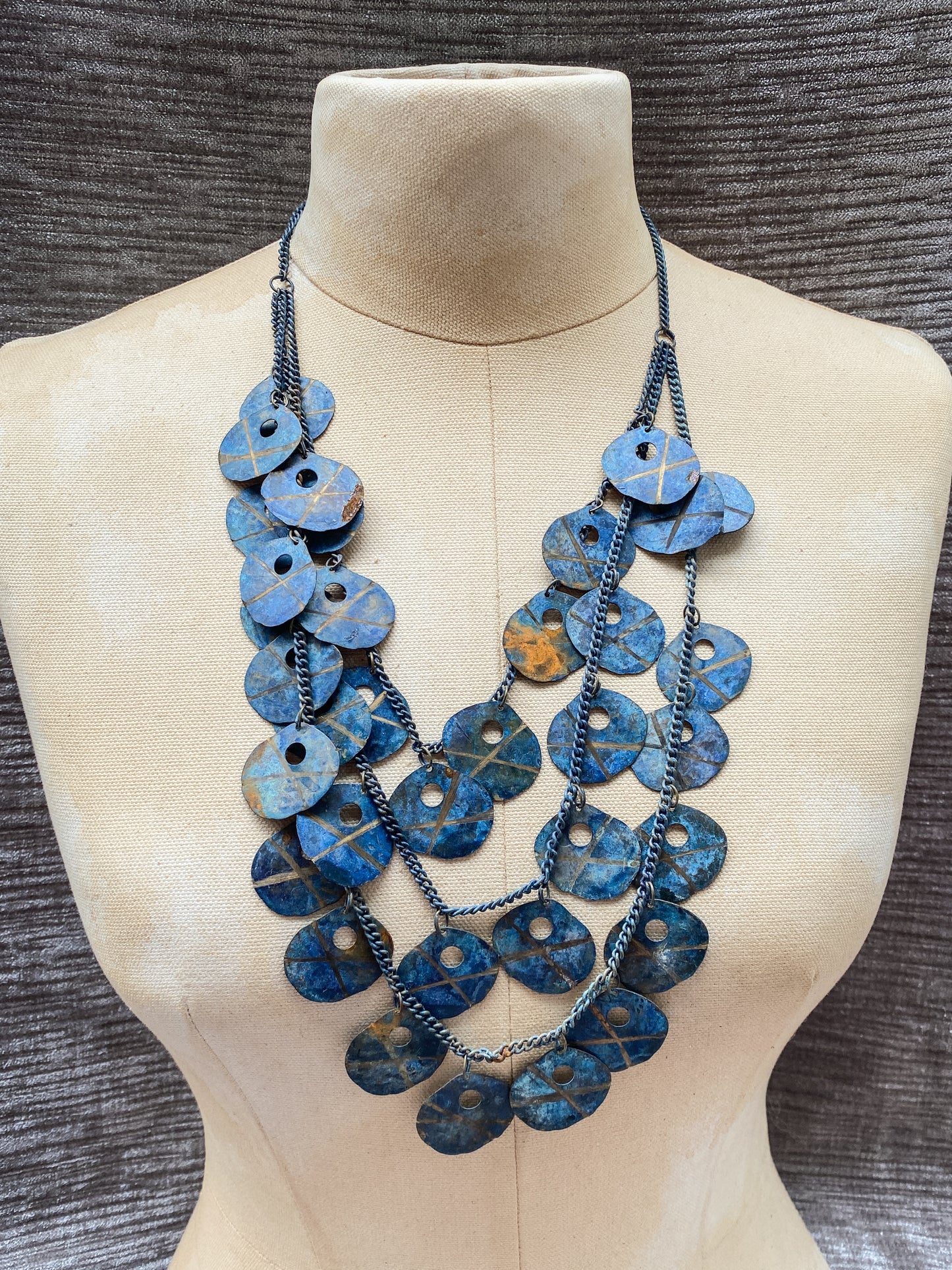 Blue Verdigris Triple Strand Necklace - Vintage Etched Geometric Discs - Funky Retro Artisan Jewelry