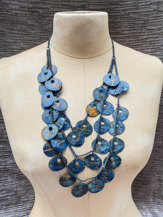 Blue Verdigris Triple Strand Necklace - Vintage Etched Geometric Discs - Funky Retro Artisan Jewelry