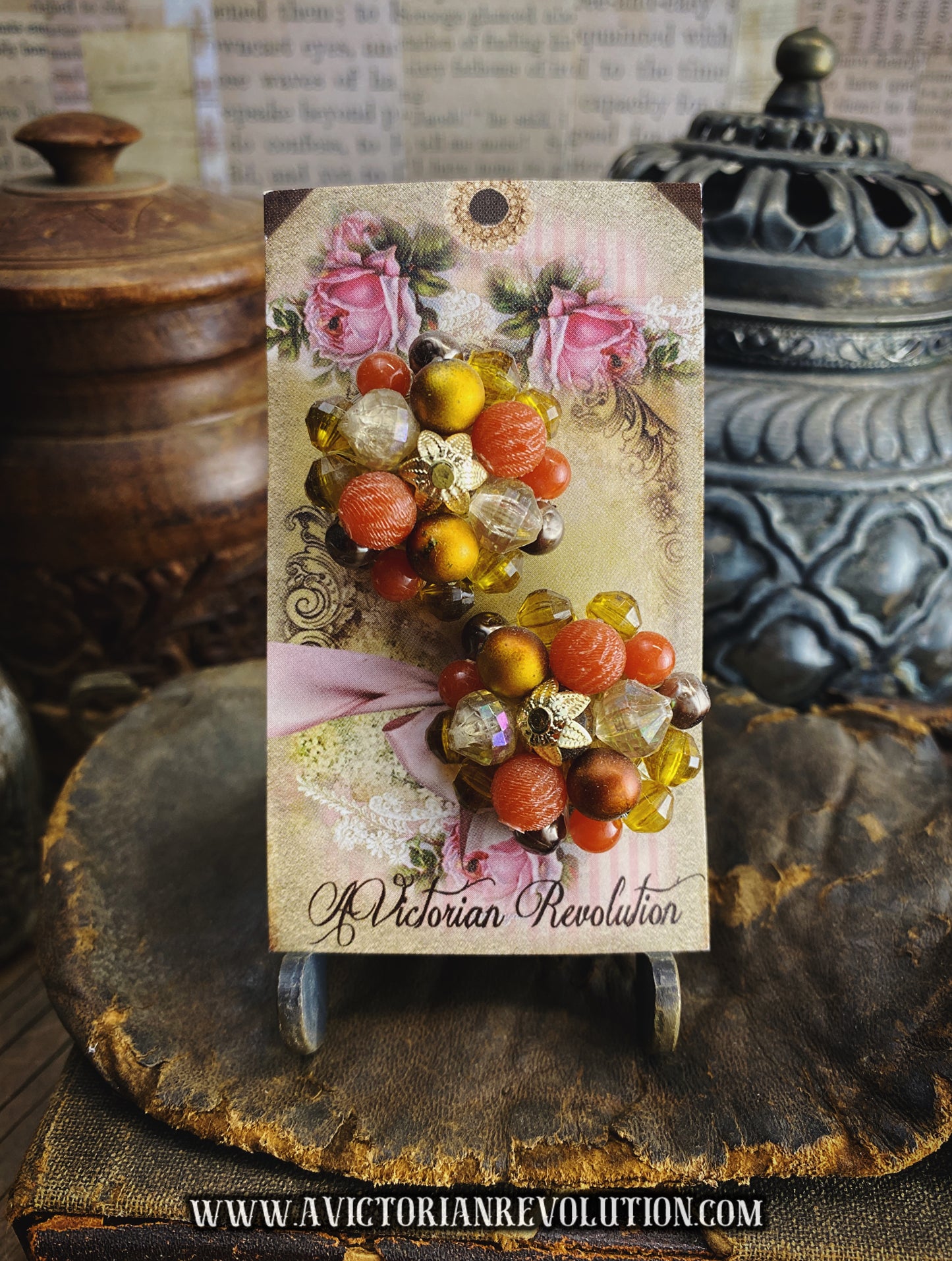 Vintage Orange, Yellow, and Brown Beaded Cluster Clip-On Earrings - 1960s Era