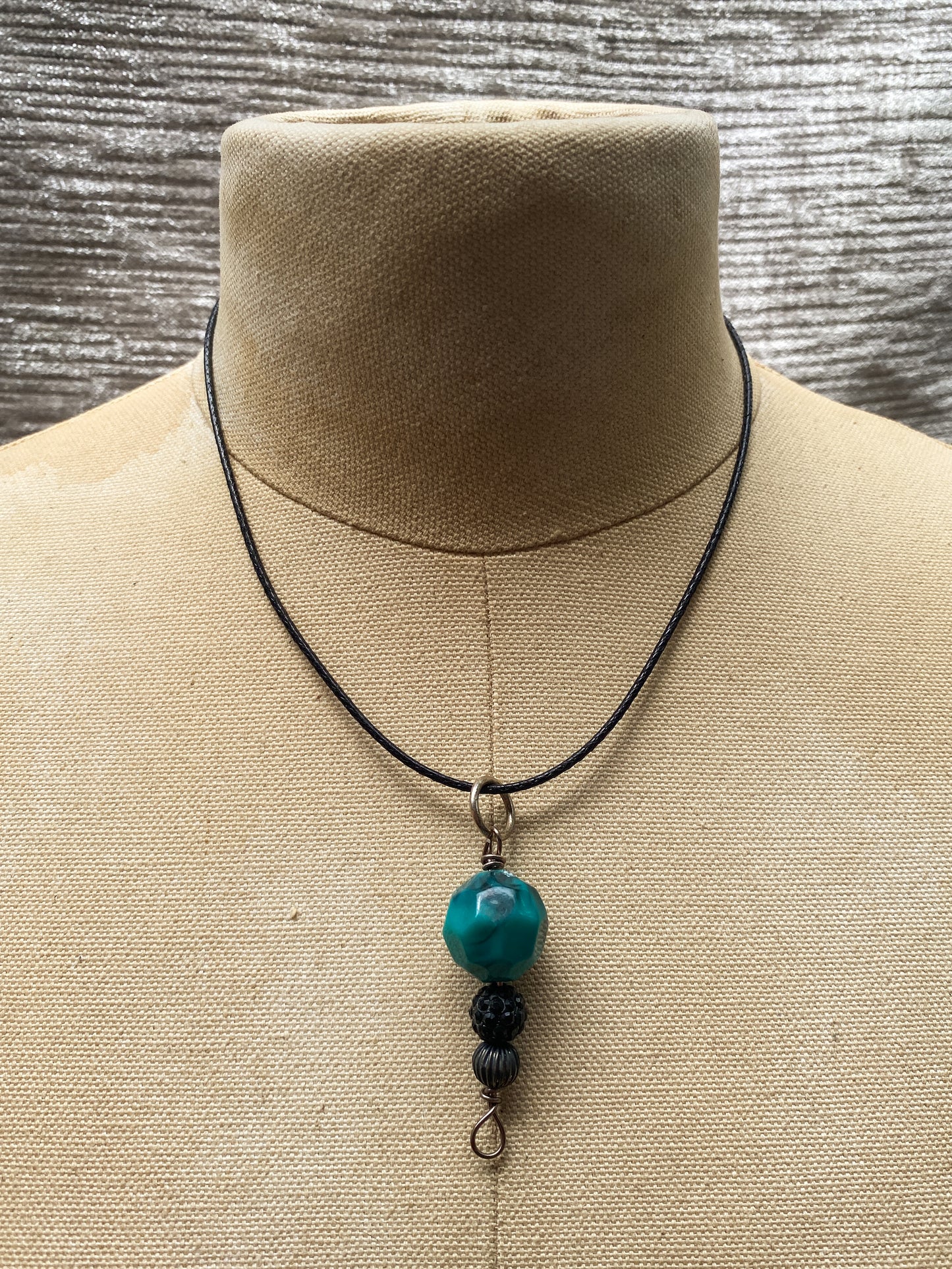 Teal Plastic Bead Drop Pendant - Black Cord Necklace - Minimalist Retro Style
