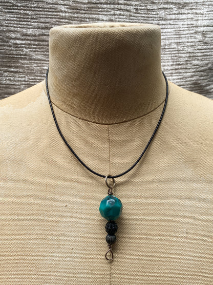 Teal Plastic Bead Drop Pendant - Black Cord Necklace - Minimalist Retro Style
