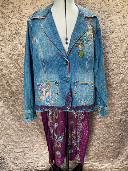 Blue + Purple Upcycled Denim Jacket with Sheer Embroidered Skirt - Boho Chic Artisan Wear - Plus Size 18/20 - Embellished - One-of-a-Kind - Floral Embroidery + Lace Trim